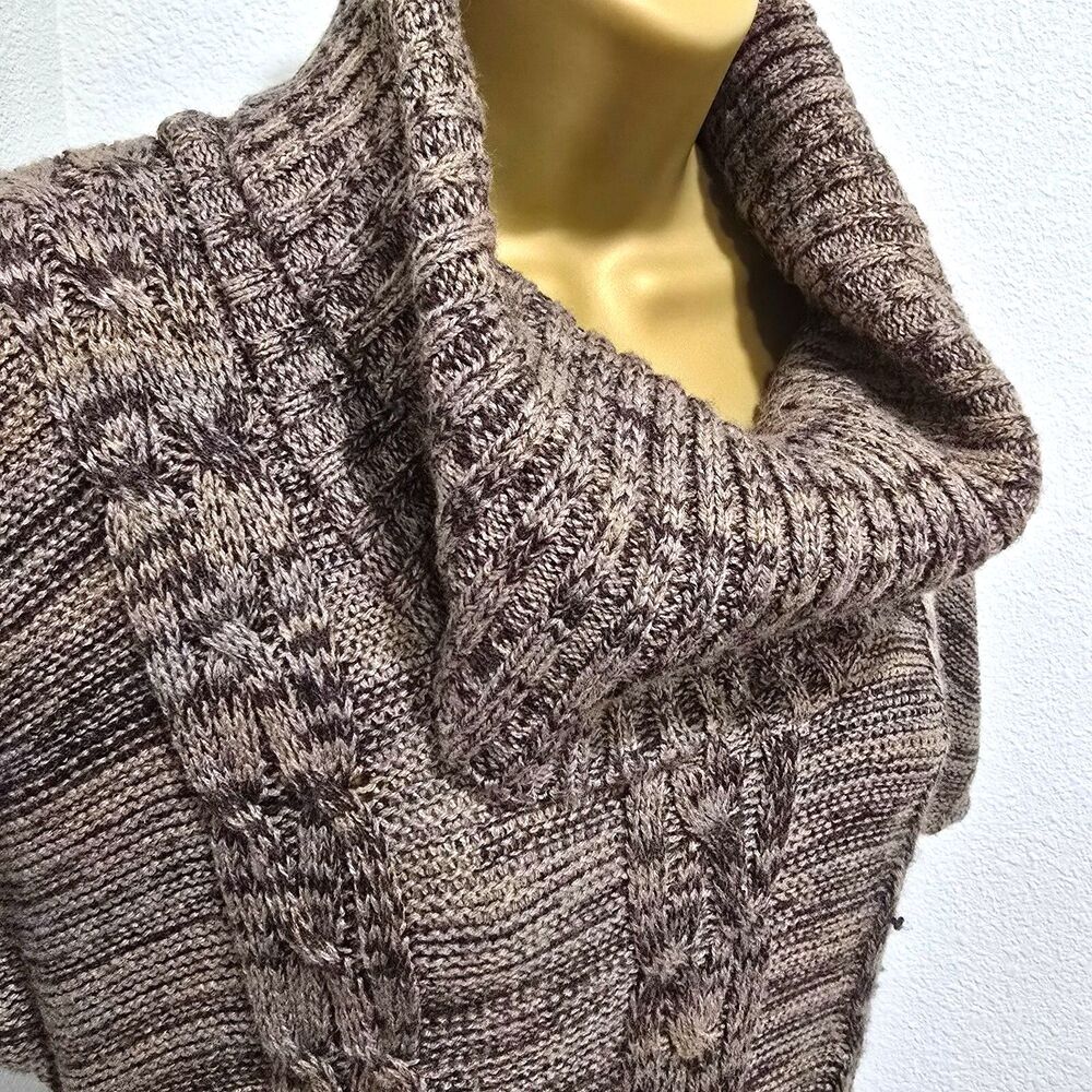 Brown Cable Knit Cowl Sweater Dress Womens LP Short Sleeve Belted Office Career